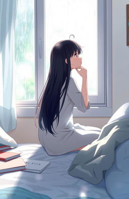 In a cozy, softly lit bedroom, a girl with long dark hair sits on the edge of a bed, gazing thoughtfully out of a window