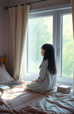In a cozy, softly lit bedroom, a girl with long dark hair sits on the edge of a bed, gazing thoughtfully out of a window