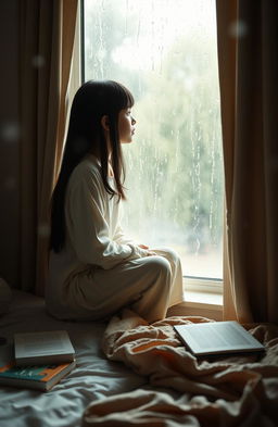 In a cozy, softly lit bedroom, a girl with long dark hair sits on the edge of a bed, gazing thoughtfully out of a window