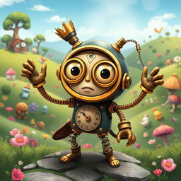 A whimsical clockwork thief with springy arms, illustrated in the enchanting style of Studio Ghibli