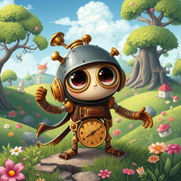 A whimsical clockwork thief with springy arms, illustrated in the enchanting style of Studio Ghibli