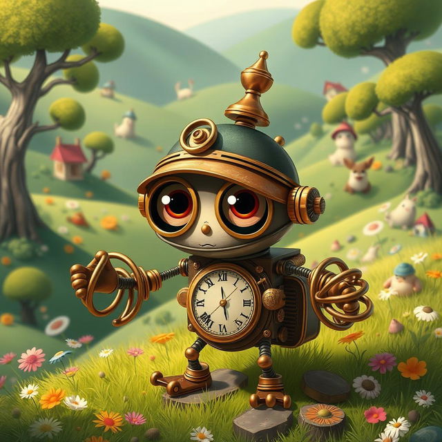 A whimsical clockwork thief with springy arms, illustrated in the enchanting style of Studio Ghibli