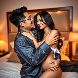 A romantic scene showcasing a Chinese man in stylish pajamas, lovingly hugging and kissing a beautiful, sexy woman in a cozy bedroom
