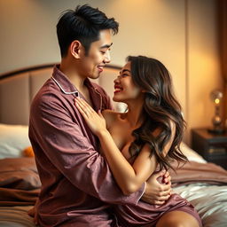 A romantic scene showcasing a Chinese man in stylish pajamas, lovingly hugging and kissing a beautiful, sexy woman in a cozy bedroom