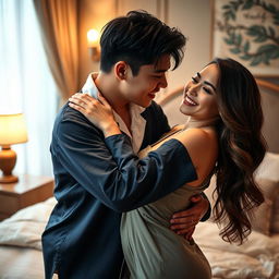 A romantic scene showcasing a Chinese man in stylish pajamas, lovingly hugging and kissing a beautiful, sexy woman in a cozy bedroom