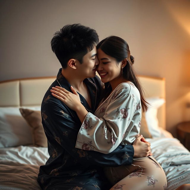 A romantic scene showcasing a Chinese man in stylish pajamas, lovingly hugging and kissing a beautiful, sexy woman in a cozy bedroom