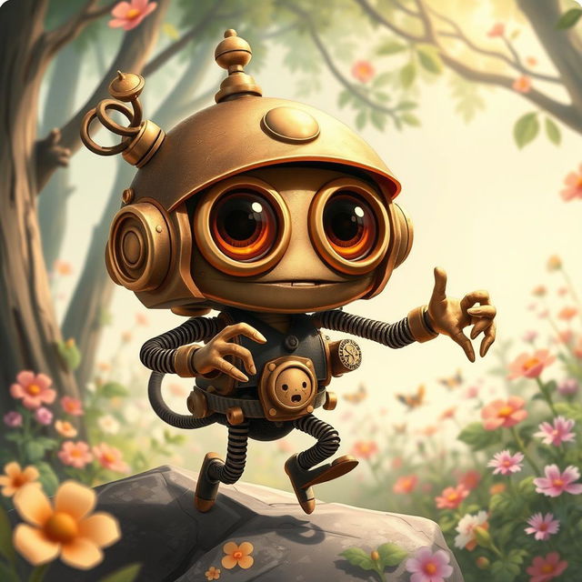 A whimsical clockwork thief with springy arms, illustrated in the enchanting style of Studio Ghibli