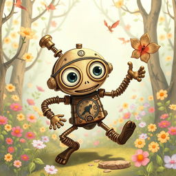 A whimsical clockwork thief with springy arms, illustrated in the enchanting style of Studio Ghibli