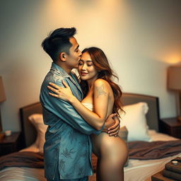 A romantic scene depicting a Chinese man in stylish pajamas embracing and kissing a beautiful, sexy woman in a cozy bedroom