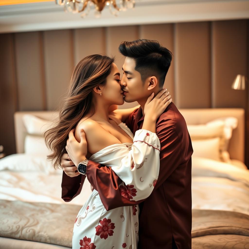 A romantic scene depicting a Chinese man in stylish pajamas embracing and kissing a beautiful, sexy woman in a cozy bedroom