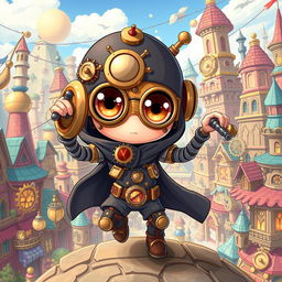 A whimsical clockwork thief with springy arms, illustrated in a charming anime style