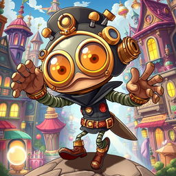 A whimsical clockwork thief with springy arms, illustrated in a charming anime style