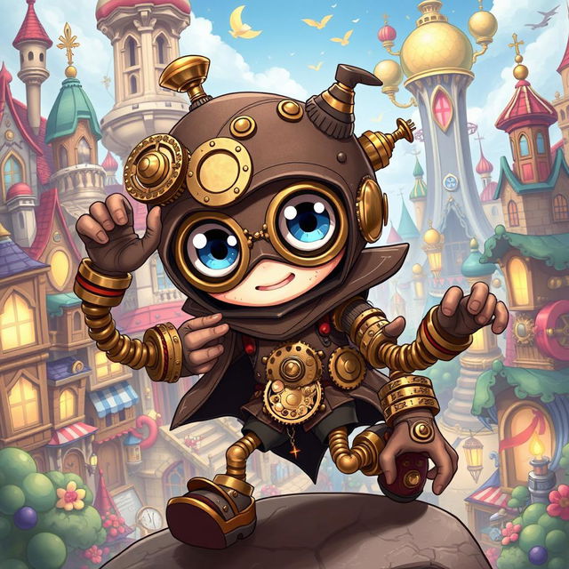 A whimsical clockwork thief with springy arms, illustrated in a charming anime style