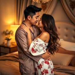 A heartwarming scene featuring a Chinese man in stylish pajamas, gently embracing and kissing a beautiful, sexy woman in a cozy bedroom