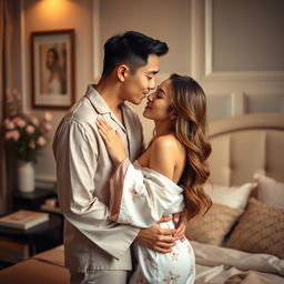 A heartwarming scene featuring a Chinese man in stylish pajamas, gently embracing and kissing a beautiful, sexy woman in a cozy bedroom