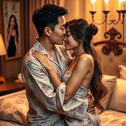 A heartwarming scene featuring a Chinese man in stylish pajamas, gently embracing and kissing a beautiful, sexy woman in a cozy bedroom