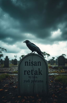 A cracked tombstone under a gloomy sky, with a crow perched on top of it