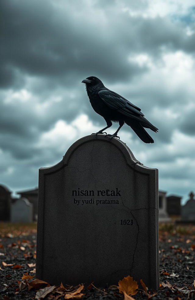 A cracked tombstone under a gloomy sky, with a crow perched on top of it