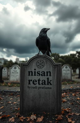 A cracked tombstone under a gloomy sky, with a crow perched on top of it