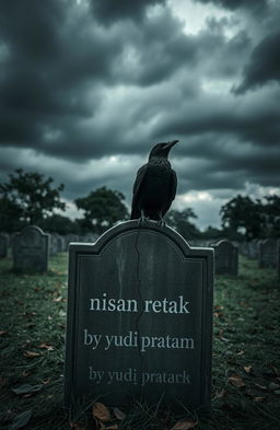 A cracked tombstone under a gloomy sky, with a crow perched on top of it