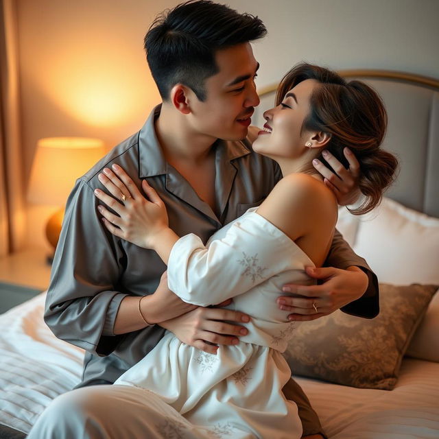A tender scene featuring a Chinese man in stylish pajamas, embracing and kissing a beautiful, sexy woman in a cozy, softly lit bedroom