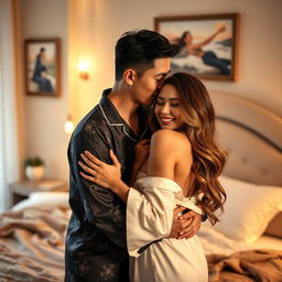 A tender scene featuring a Chinese man in stylish pajamas, embracing and kissing a beautiful, sexy woman in a cozy, softly lit bedroom