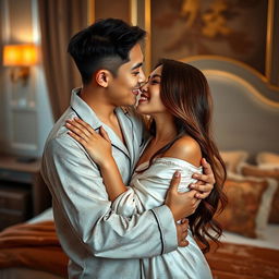 A heartfelt scene featuring a Chinese man in stylish pajamas, tenderly hugging and kissing a beautiful, sexy woman in an elegantly decorated bedroom