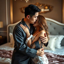 A heartfelt scene featuring a Chinese man in stylish pajamas, tenderly hugging and kissing a beautiful, sexy woman in an elegantly decorated bedroom