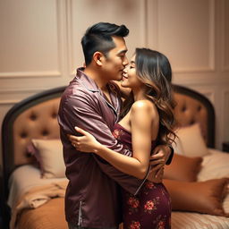 A heartfelt scene featuring a Chinese man in stylish pajamas, tenderly hugging and kissing a beautiful, sexy woman in an elegantly decorated bedroom