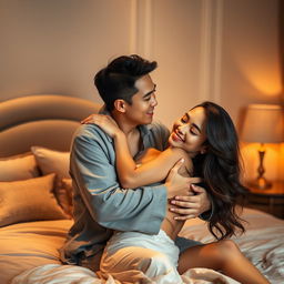 An intimate scene of a Chinese man in comfortable pajamas, lovingly hugging and kissing a beautiful, sexy woman in a tastefully decorated bedroom