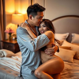 An intimate scene of a Chinese man in comfortable pajamas, lovingly hugging and kissing a beautiful, sexy woman in a tastefully decorated bedroom