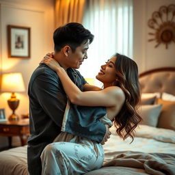 An intimate scene of a Chinese man in comfortable pajamas, lovingly hugging and kissing a beautiful, sexy woman in a tastefully decorated bedroom