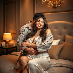 An intimate scene of a Chinese man in comfortable pajamas, lovingly hugging and kissing a beautiful, sexy woman in a tastefully decorated bedroom
