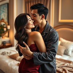 A romantic scene depicting a Chinese man in stylish pajamas, tenderly hugging and kissing a beautiful, sexy woman in a tastefully decorated bedroom