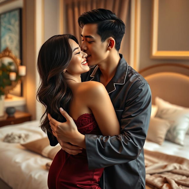 A romantic scene depicting a Chinese man in stylish pajamas, tenderly hugging and kissing a beautiful, sexy woman in a tastefully decorated bedroom