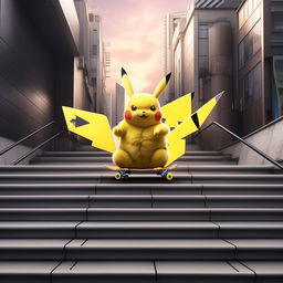 Pikachu performing a tre flip with a skateboard down an imposing stair set in the heart of Tokyo