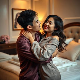 A romantic scene depicting a Chinese man in stylish pajamas, tenderly hugging and kissing a beautiful, sexy woman in a tastefully decorated bedroom