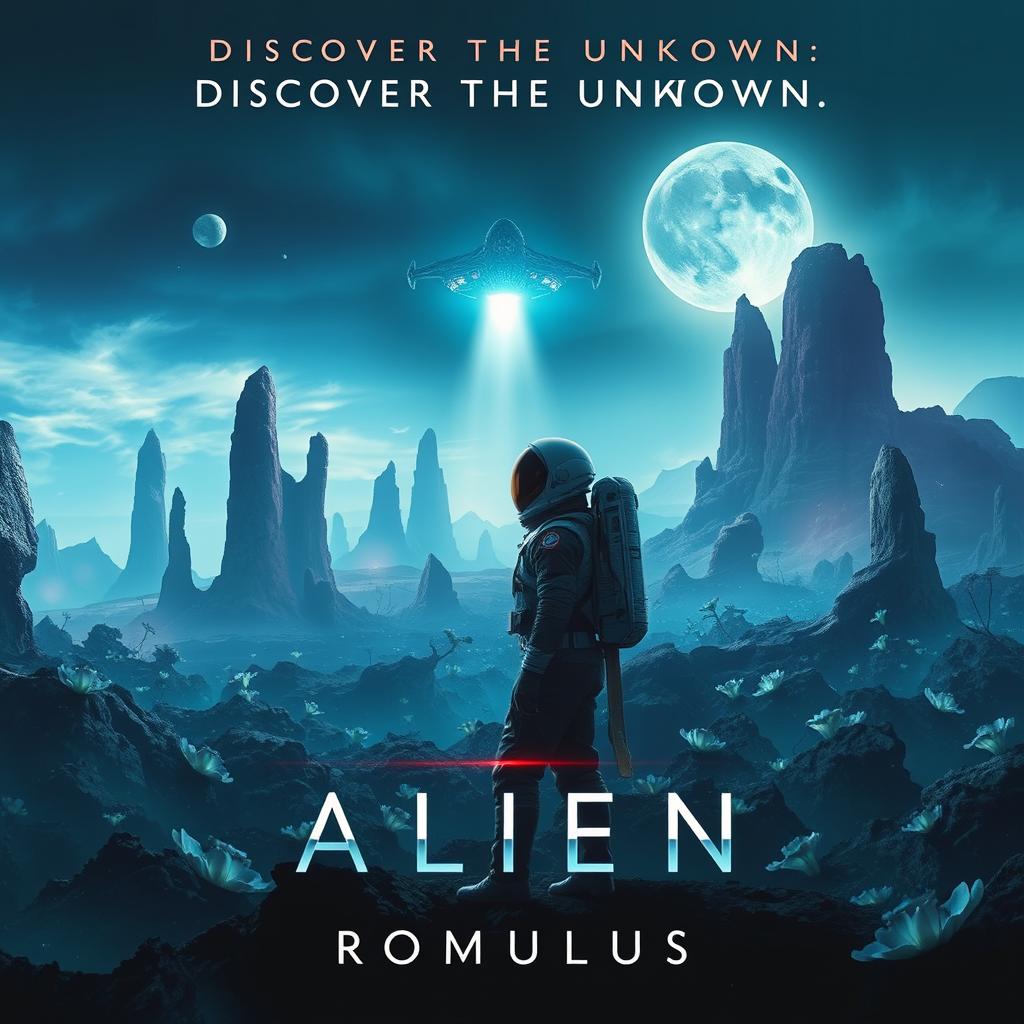 A captivating movie poster for 'Alien: Romulus', showcasing a hauntingly beautiful alien landscape filled with strange, bioluminescent flora and towering rock formations