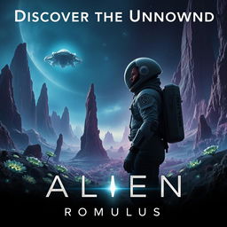 A captivating movie poster for 'Alien: Romulus', showcasing a hauntingly beautiful alien landscape filled with strange, bioluminescent flora and towering rock formations