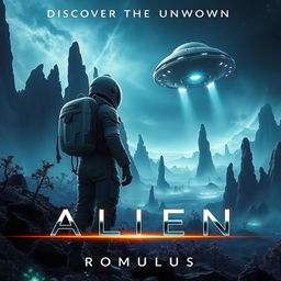 A captivating movie poster for 'Alien: Romulus', showcasing a hauntingly beautiful alien landscape filled with strange, bioluminescent flora and towering rock formations