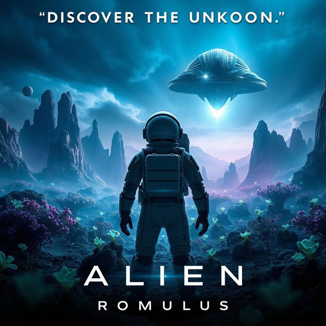 A captivating movie poster for 'Alien: Romulus', showcasing a hauntingly beautiful alien landscape filled with strange, bioluminescent flora and towering rock formations