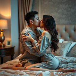 A tender scene depicting a Chinese man in cozy pajamas, gently hugging and kissing a beautiful, sexy woman in a tastefully decorated bedroom