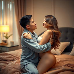 A tender scene depicting a Chinese man in cozy pajamas, gently hugging and kissing a beautiful, sexy woman in a tastefully decorated bedroom