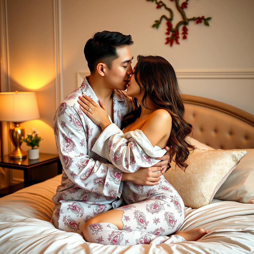 A tender scene depicting a Chinese man in cozy pajamas, gently hugging and kissing a beautiful, sexy woman in a tastefully decorated bedroom