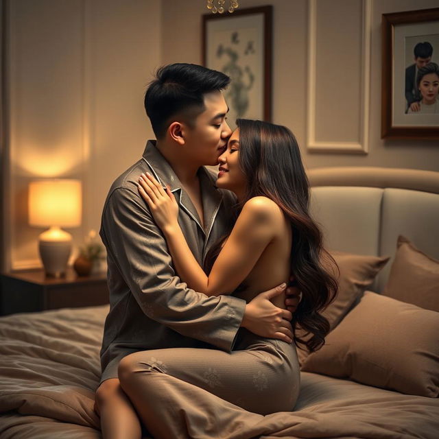 A tender scene depicting a Chinese man in cozy pajamas, gently hugging and kissing a beautiful, sexy woman in a tastefully decorated bedroom