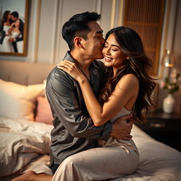 A heartfelt scene showcasing a Chinese man in stylish pajamas, gently hugging and kissing a beautiful, sexy woman in a beautifully designed bedroom