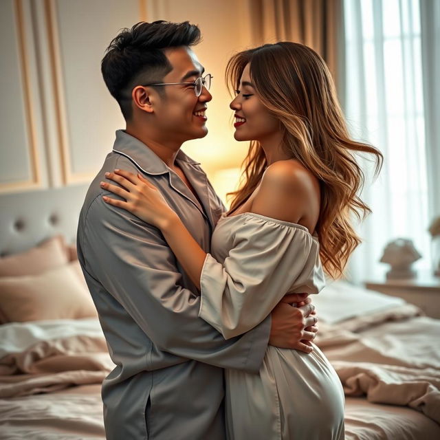 A heartfelt scene showcasing a Chinese man in stylish pajamas, gently hugging and kissing a beautiful, sexy woman in a beautifully designed bedroom