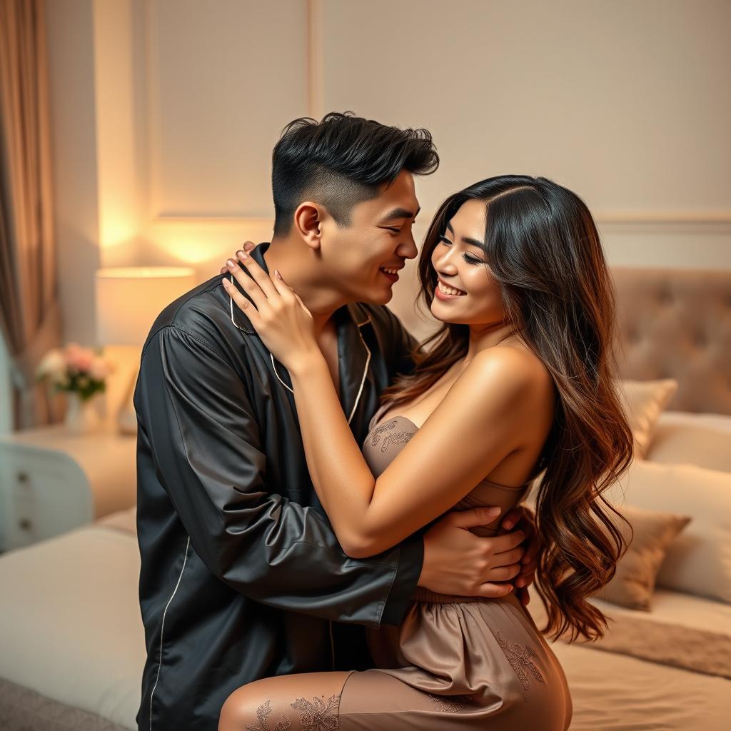 A heartfelt scene showcasing a Chinese man in stylish pajamas, gently hugging and kissing a beautiful, sexy woman in a beautifully designed bedroom
