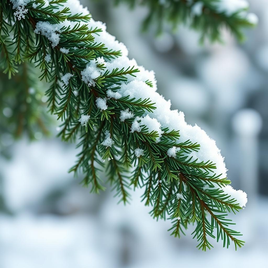 A large green spruce branch elegantly draped with delicate snowflakes, creating a serene winter scene