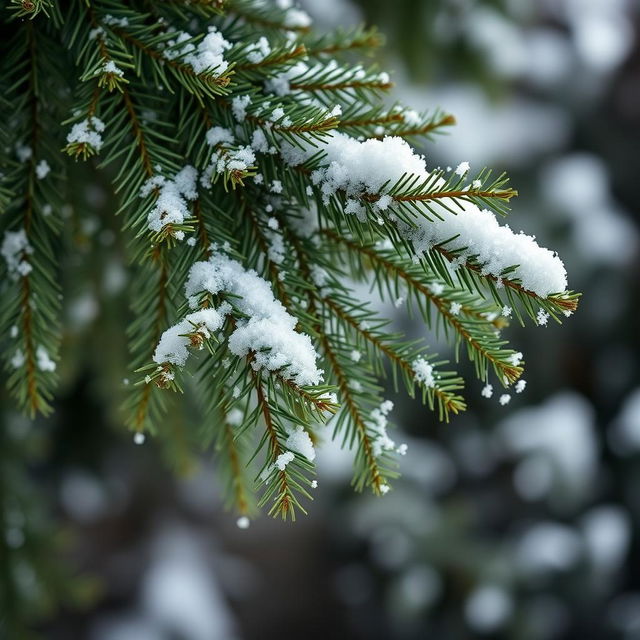 A large green spruce branch elegantly draped with delicate snowflakes, creating a serene winter scene